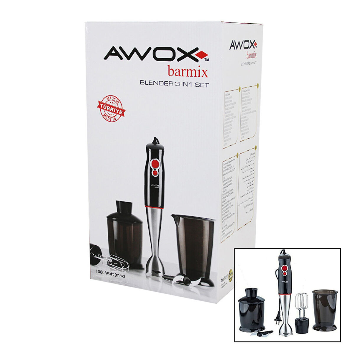 AWOX BARMİX  3İN1  BLENDER SETİ  ÇELİK 2Lİ MİKSER   ÇELİK RONDO BIÇAK   ÇELİK 4 KANATLI BIÇAK   1000W 