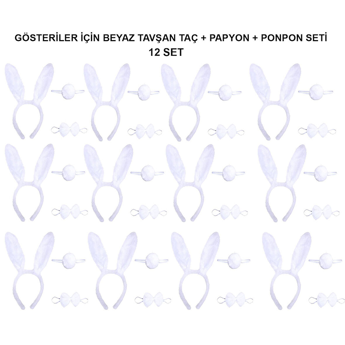 Beyaz Tavşan Kostüm Seti – Taç, Papyon, Kuyruk (12’li Paket) 