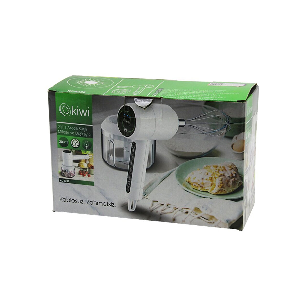 KİWİ KC-8232 2İN1 USB ŞARJLI MİKSER - DOĞRAYICI 20W200ML3-KADEME HIZ=IŞIKLI GÖSTERGE DC 5V / 1ALİ-İON PİL:1500mAh 