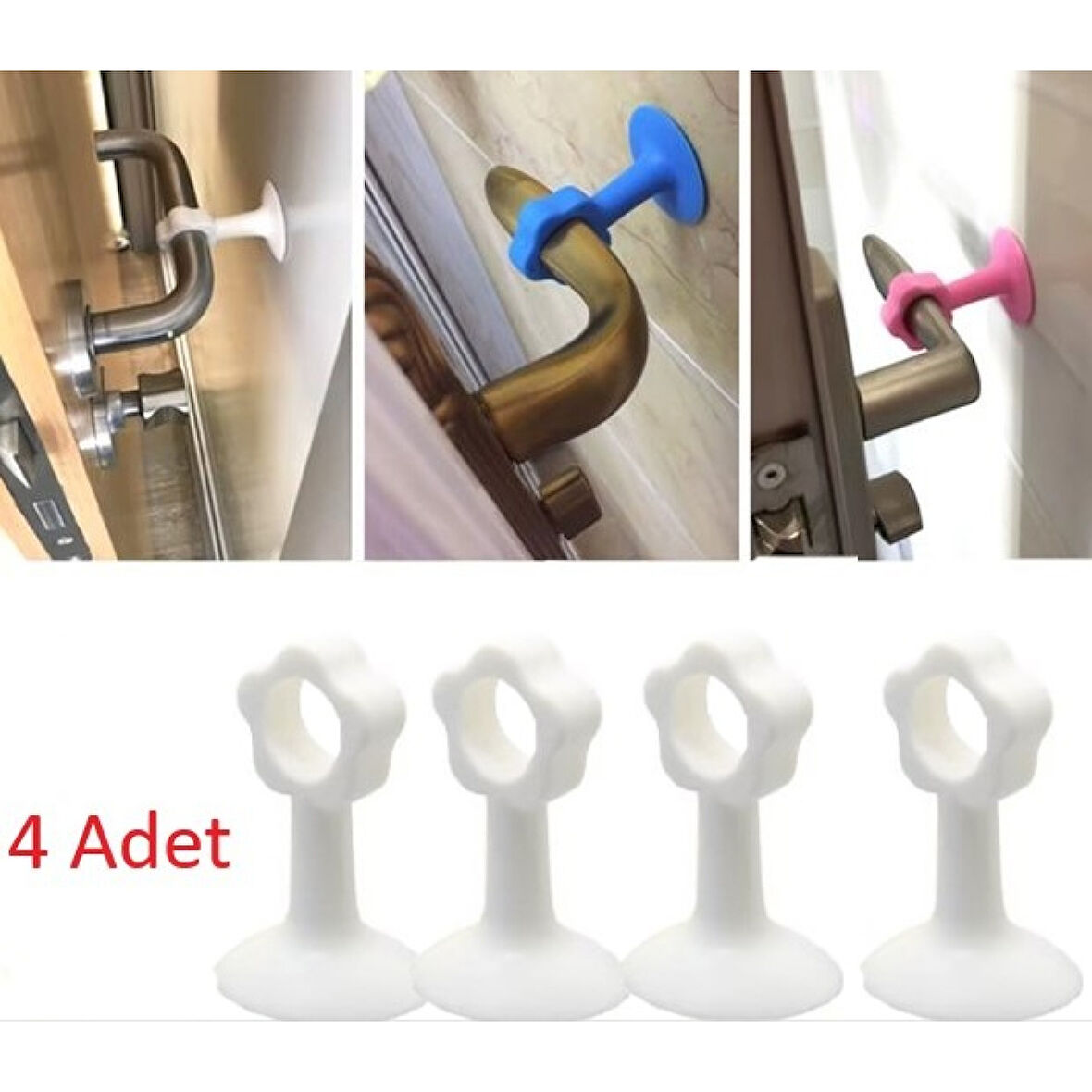 Vantuzlu Geçmeli Kapı Kolu Stoper 4lü Set Beyaz 
