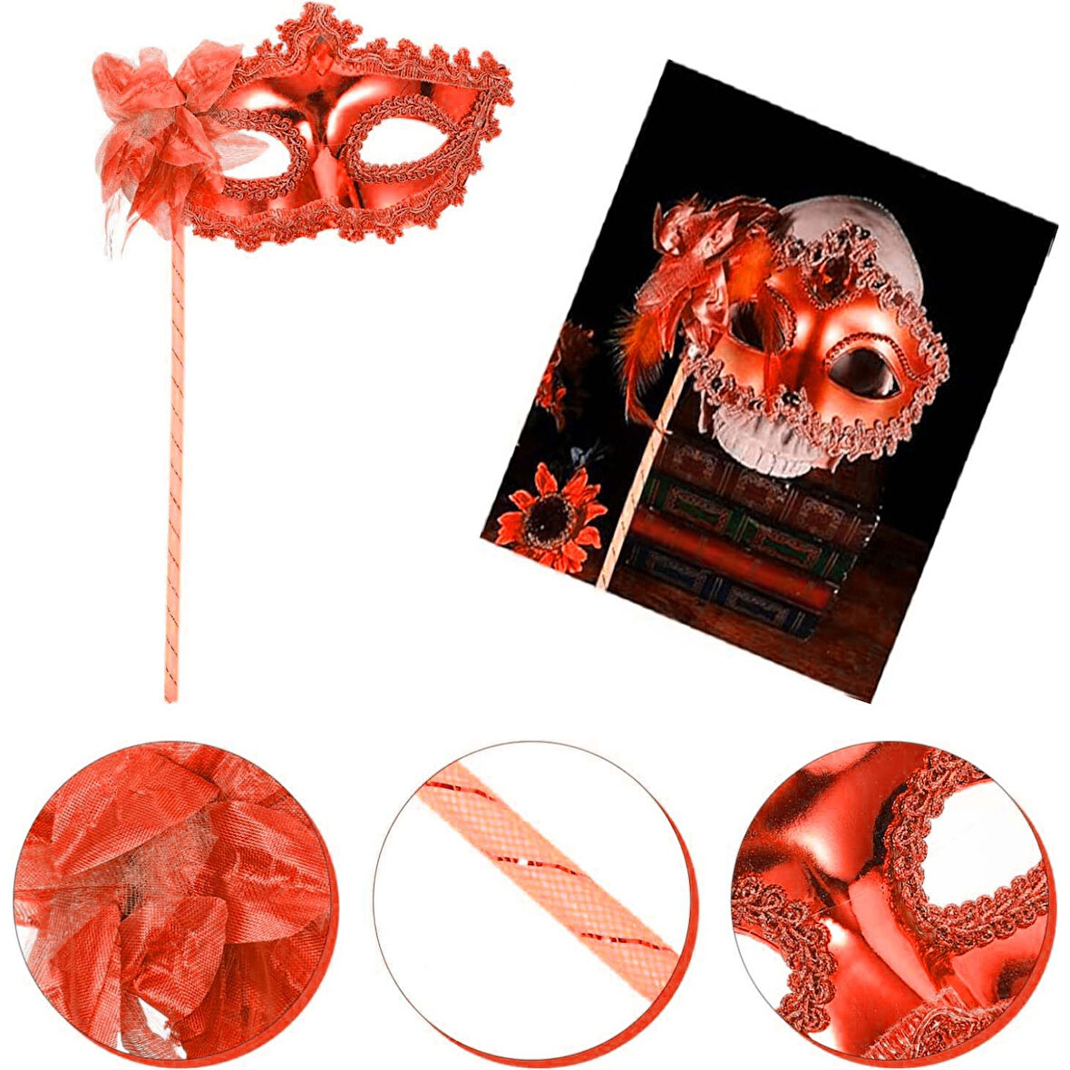 Kırmızı Işıltılı Tutmalı Fotoğraf Çekimi Maskesi 18x29 Cm 