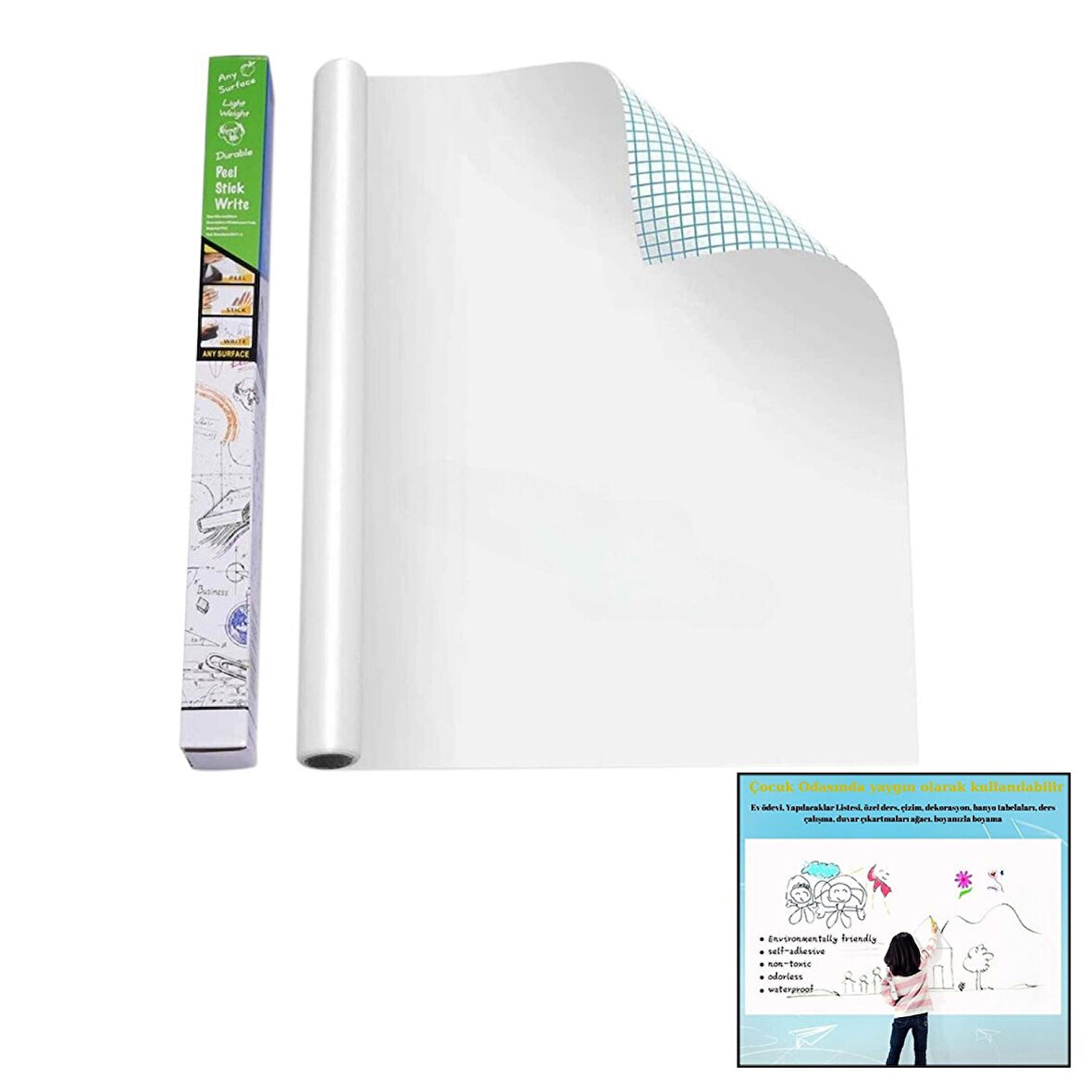 YAPIŞKANLI BEYAZ TAHTA PVC FOLYO STİCKER - KALEM 60X200CM 