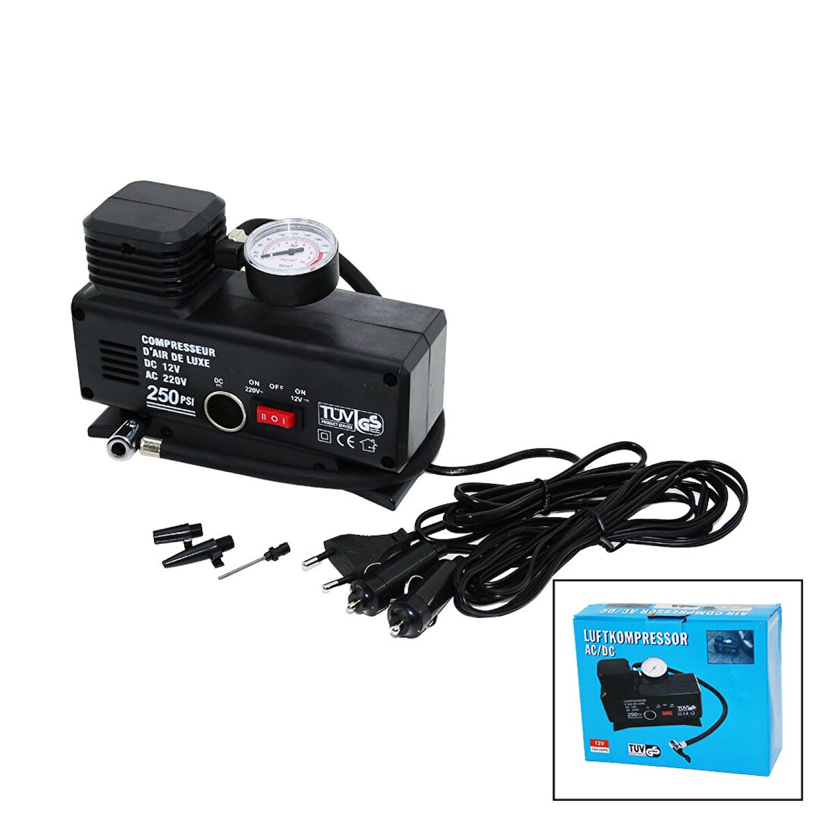 2IN1- FİŞLİ - OTO ÇAKMAKLIK TEK PİSTON KOMPRESÖR AC/DC - 12V-230V - 250PSI 