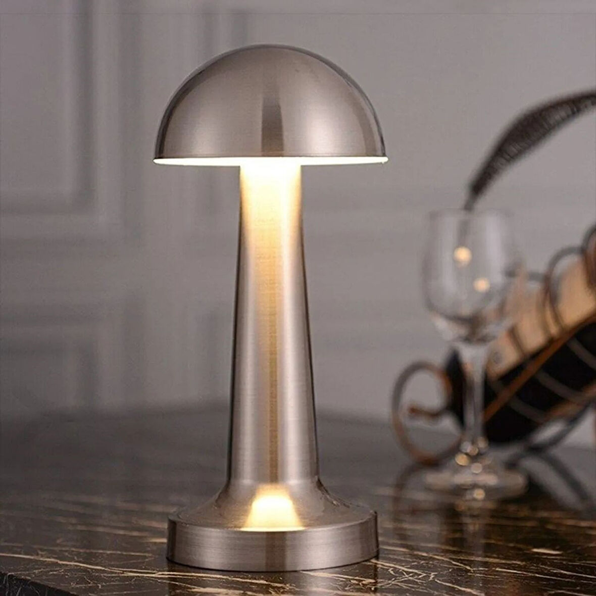 Mantar Model Silver Renk Şarjlı Dokunmatik 3 Renkli Led Masa Lambası 