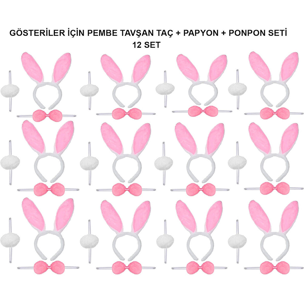 Pembe Tavşan Kostüm Seti – Taç, Papyon, Ponpon (12’li Paket) 