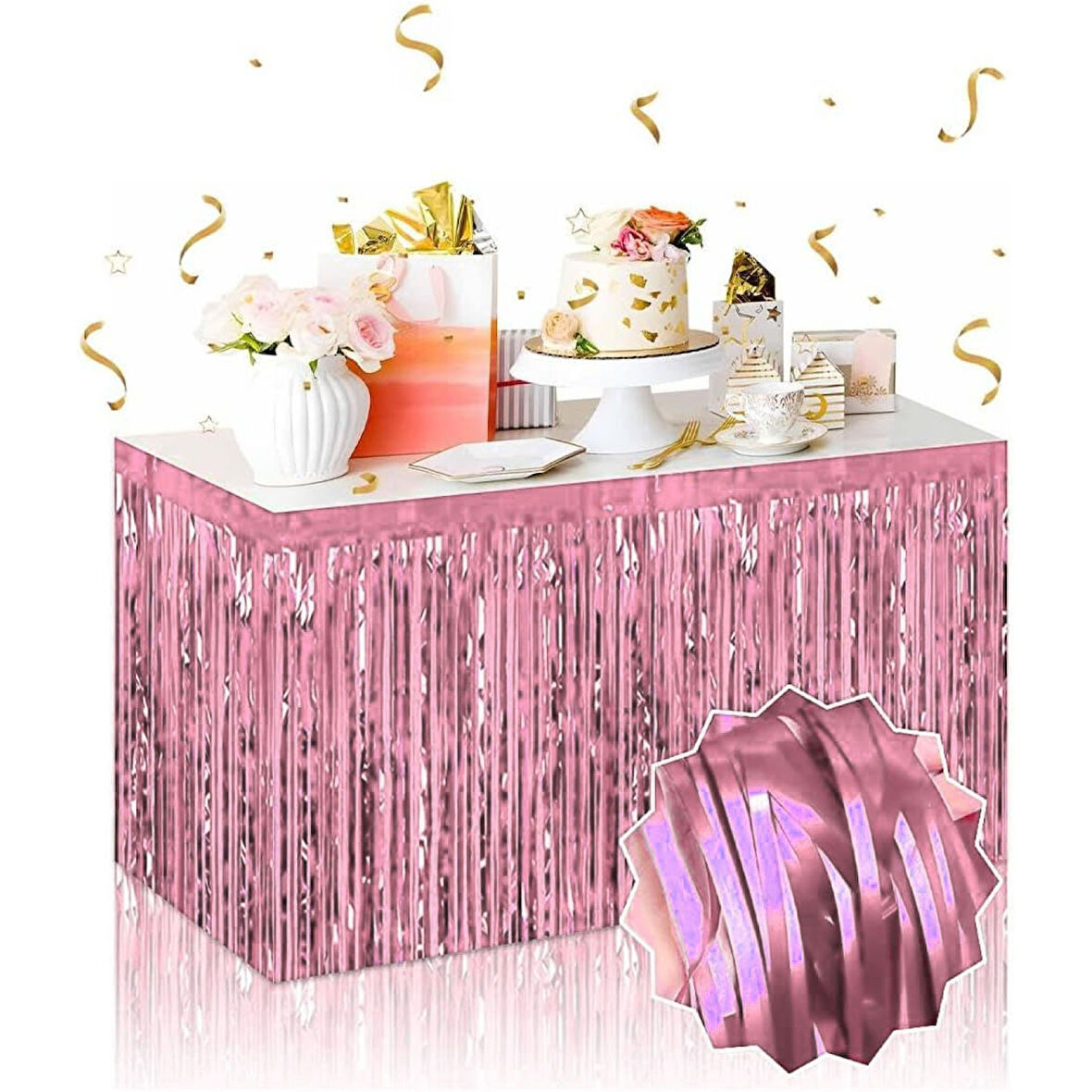 Kendinden Yapışkanlı Rose Gold Metalize Püsküllü Masa Eteği – 75 x 275 cm Parti Süslemesi 