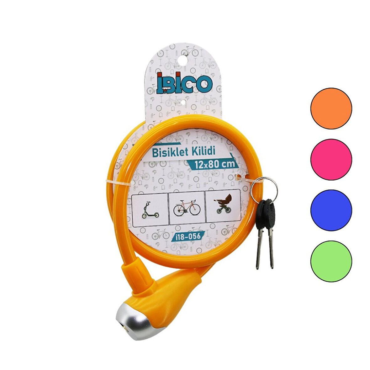 Anahtarlı Metal Uçlu Plastik Kafa Bisiklet Kilit Çelik Tel Renkli Kılıf 12mmx80cm 