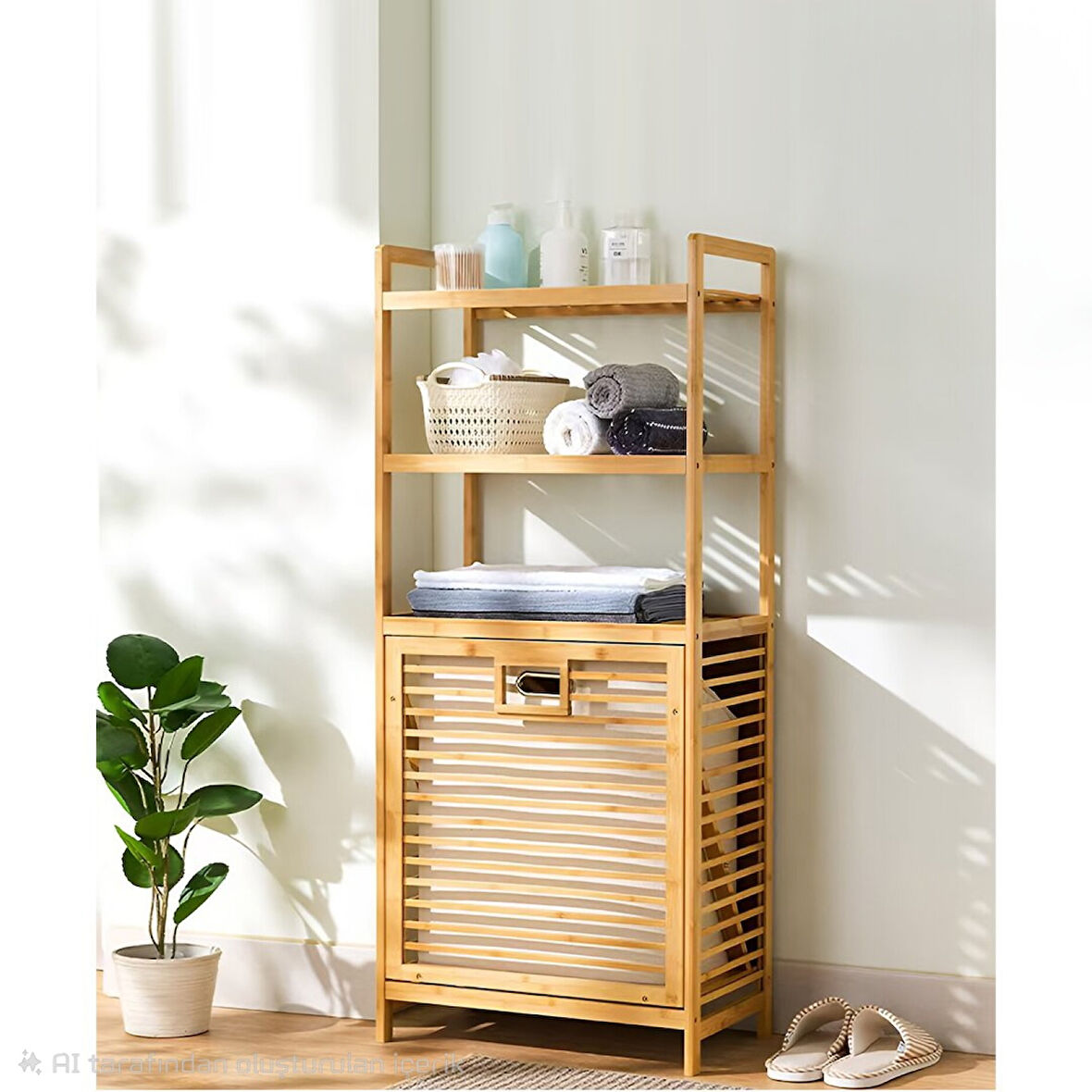 3 Organizer Raflı - Çek Aç Sepet Ahşap Bambu Kirli Çamaşır Sepet 40x30x130cm 