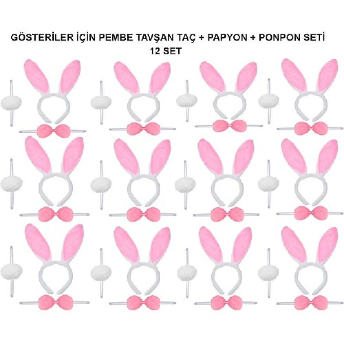 Pembe Tavşan Kostüm Seti – Taç, Papyon, Ponpon (12’li Paket)