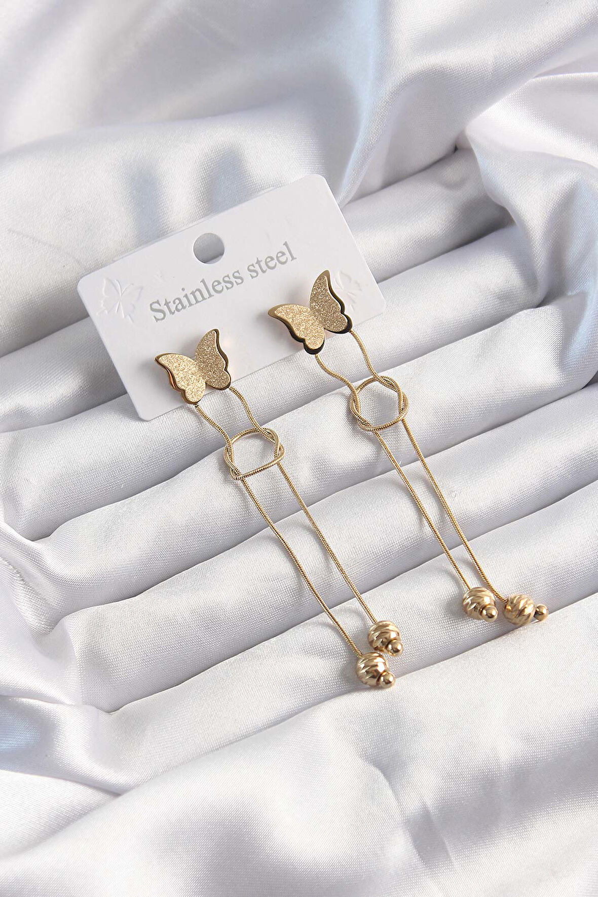 316L Çelik Altın Renk Sallantılı Düğüm Model Kelebek Küpe - Lisinya