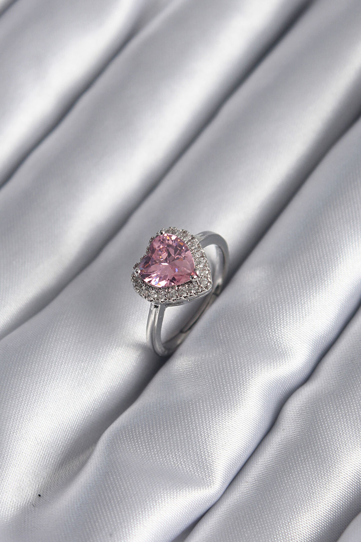 Pirinç Gümüş Renk Pembe Zirkon Taş Kalp Charm Model Kadın Yüzük - Lisinya