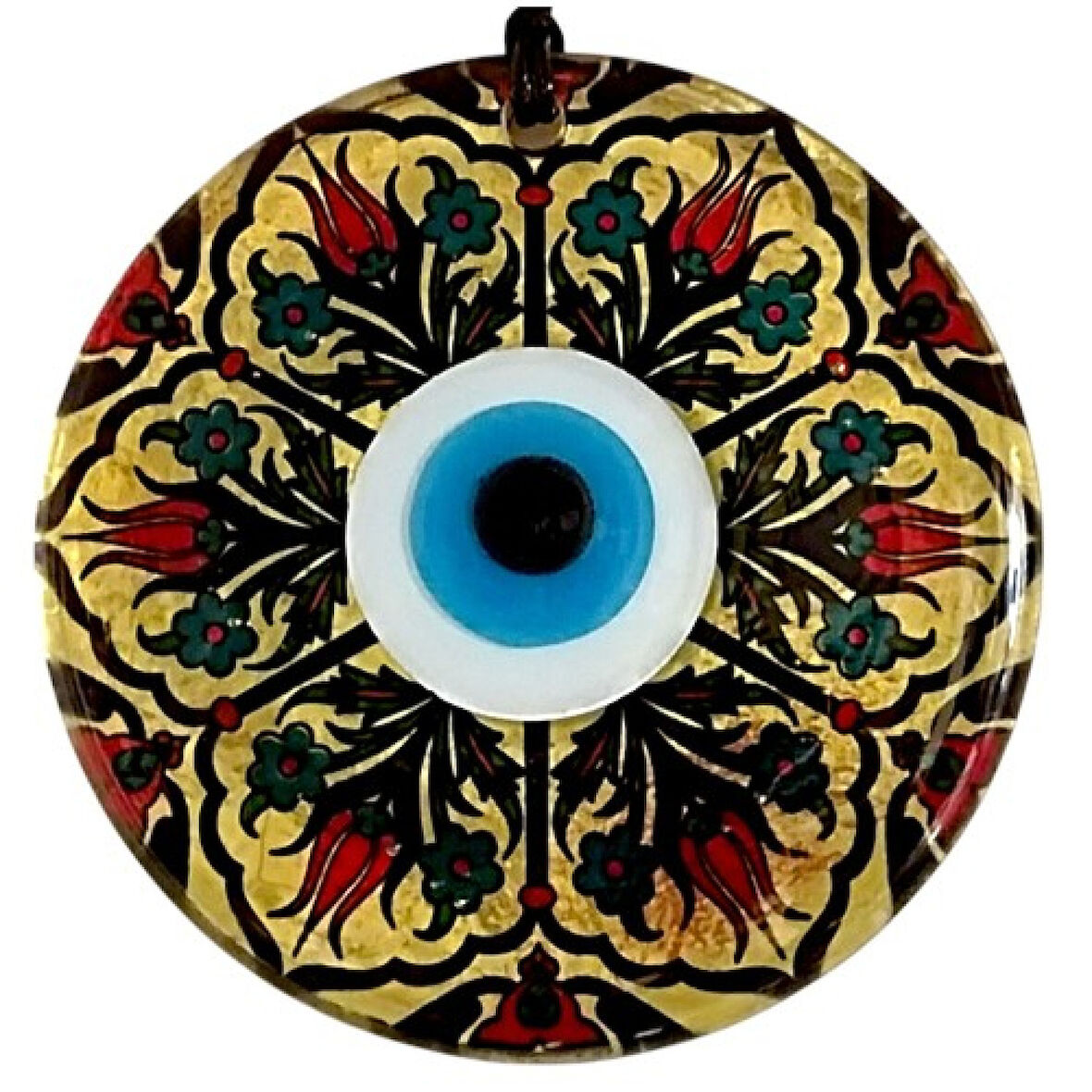 Lale Desenli Altın Varaklı Nazar Boncuklu Füzyon Cam Duvar Dekoru