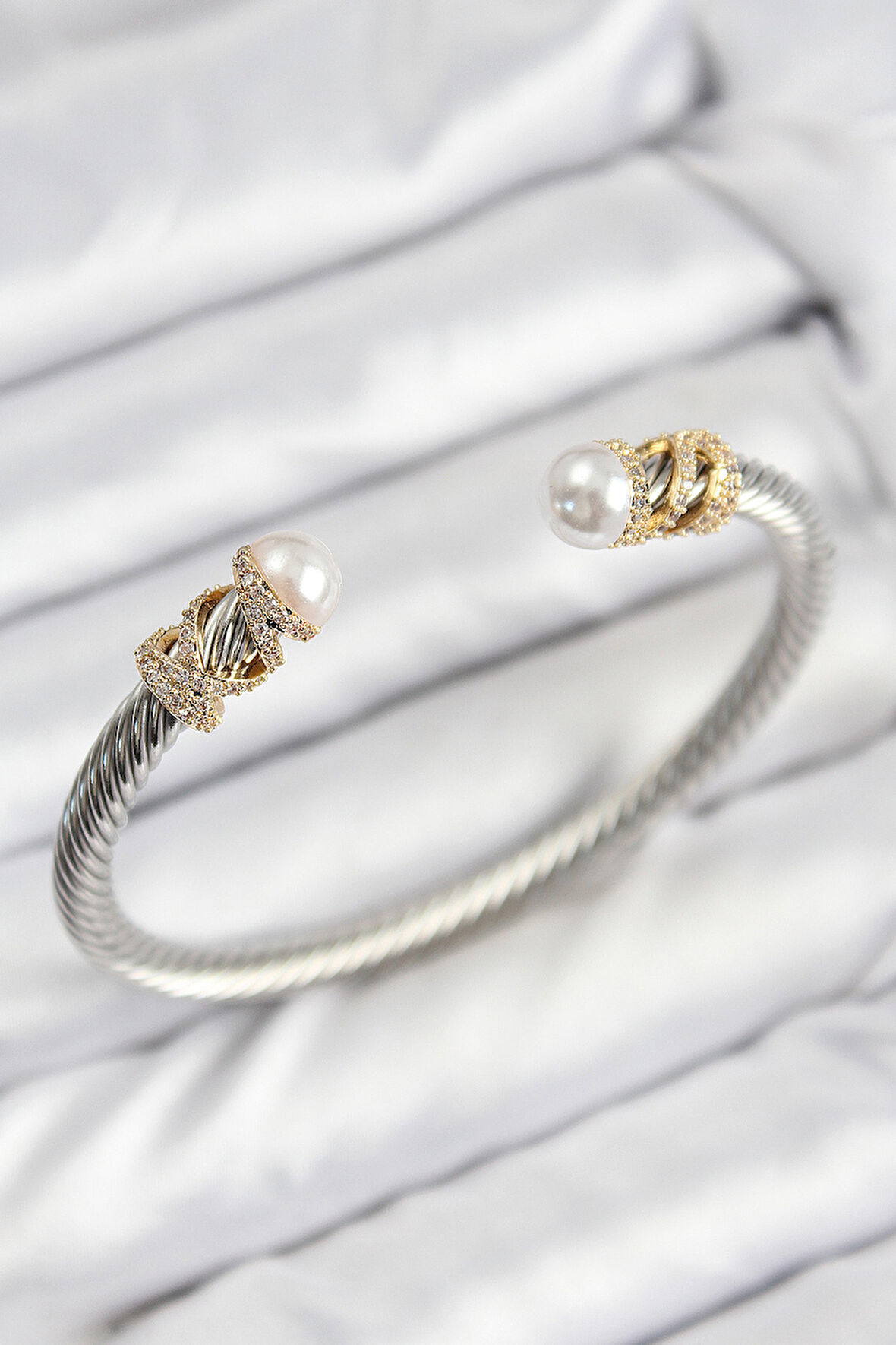 316L Çelik Zirkon Taşlı İnci Model Gold Ve Gümüş Renk Kadın Bileklik - Lisinya