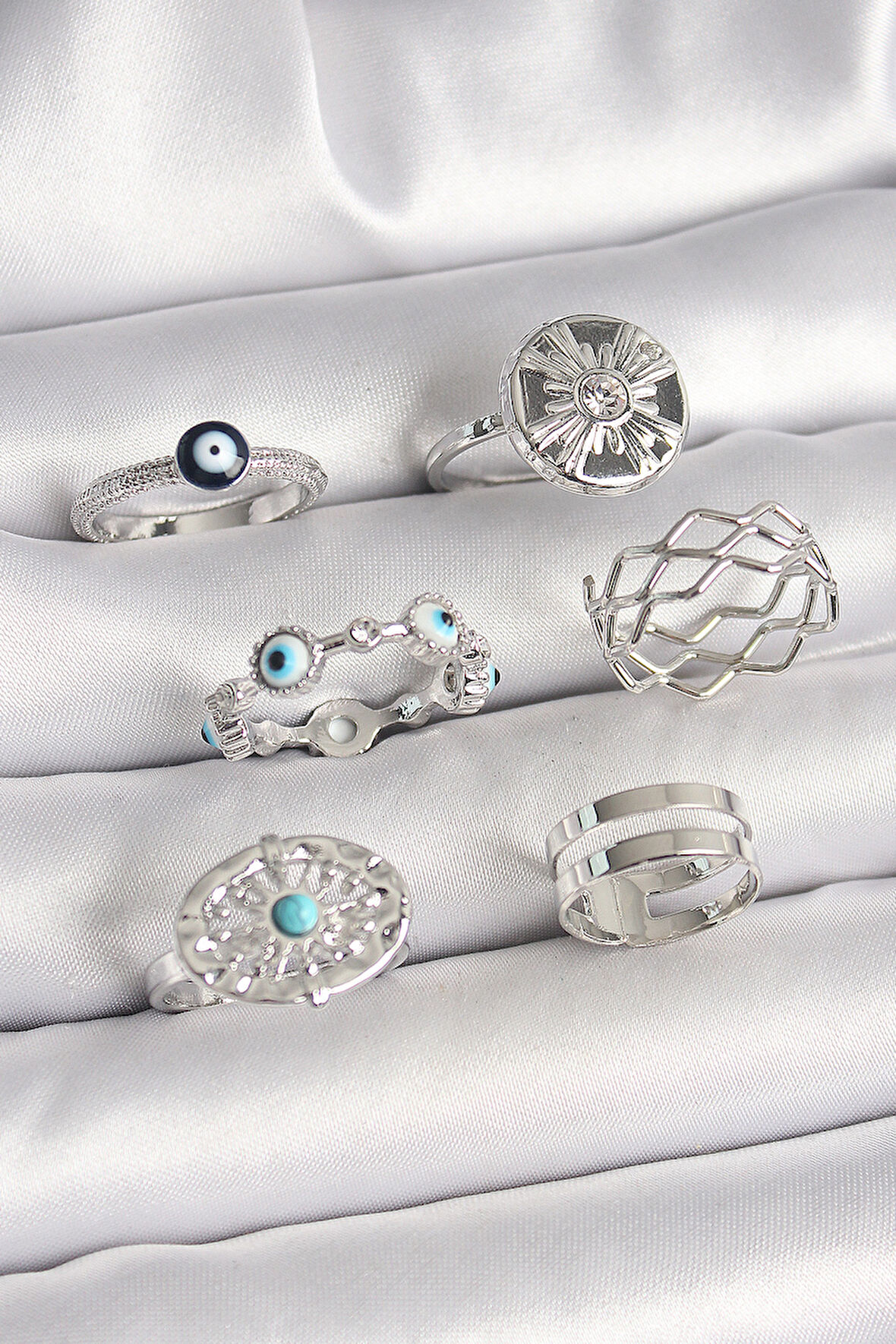 Pirinç Gümüş Renk Nazar Boncuk Zirkon Taş Detaylı Dalga Figür Kadın Yüzük Kombini - Lisinya