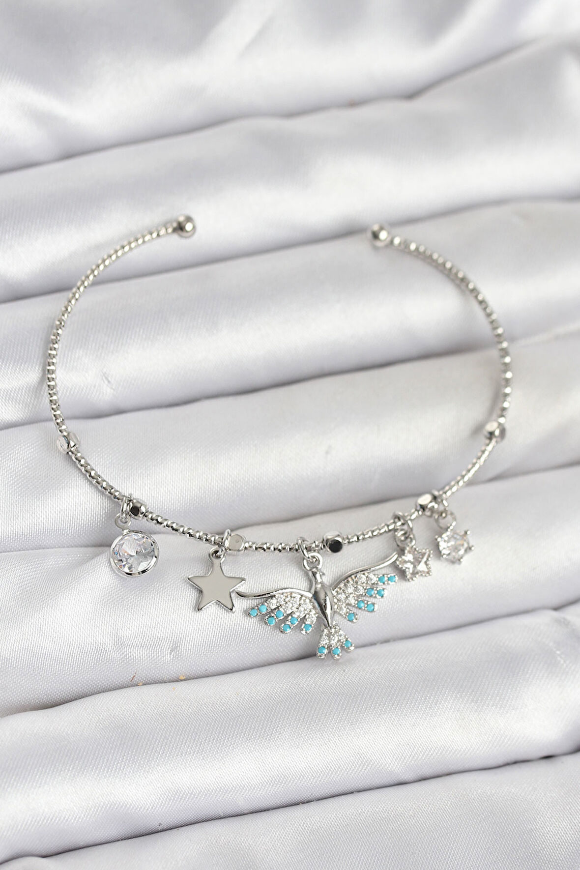 Anka Kuşu Charmlı Gümüş Renk Pirinç Kadın Bileklik - Lisinya