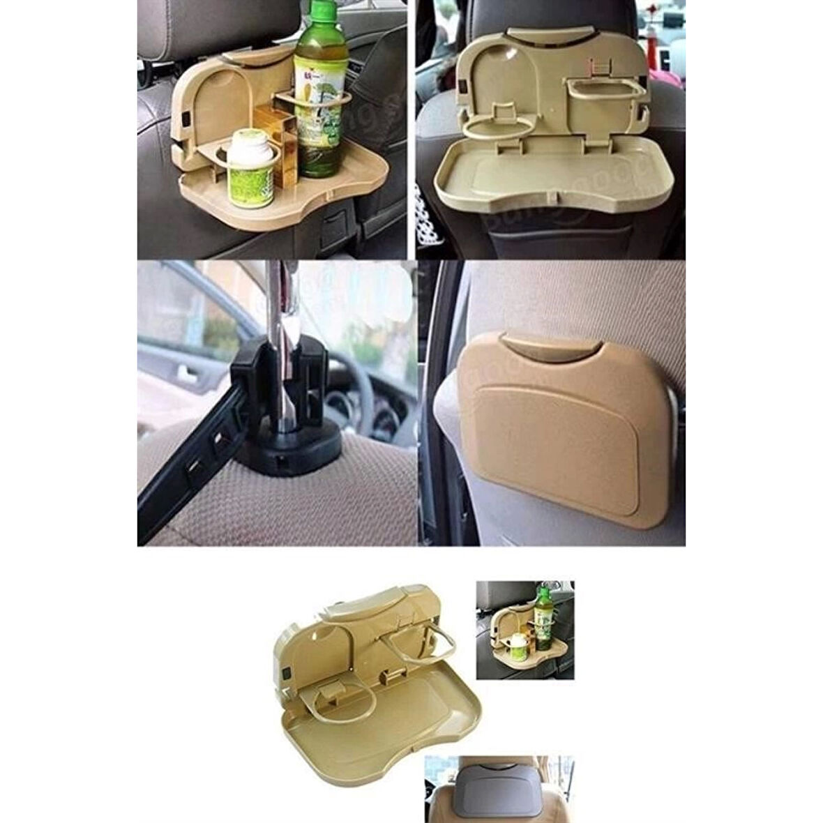 Araç İçi Koltuk Arkası Katlanabilir Bardak Tutuculu Bej Tepsi ( Lisinya )