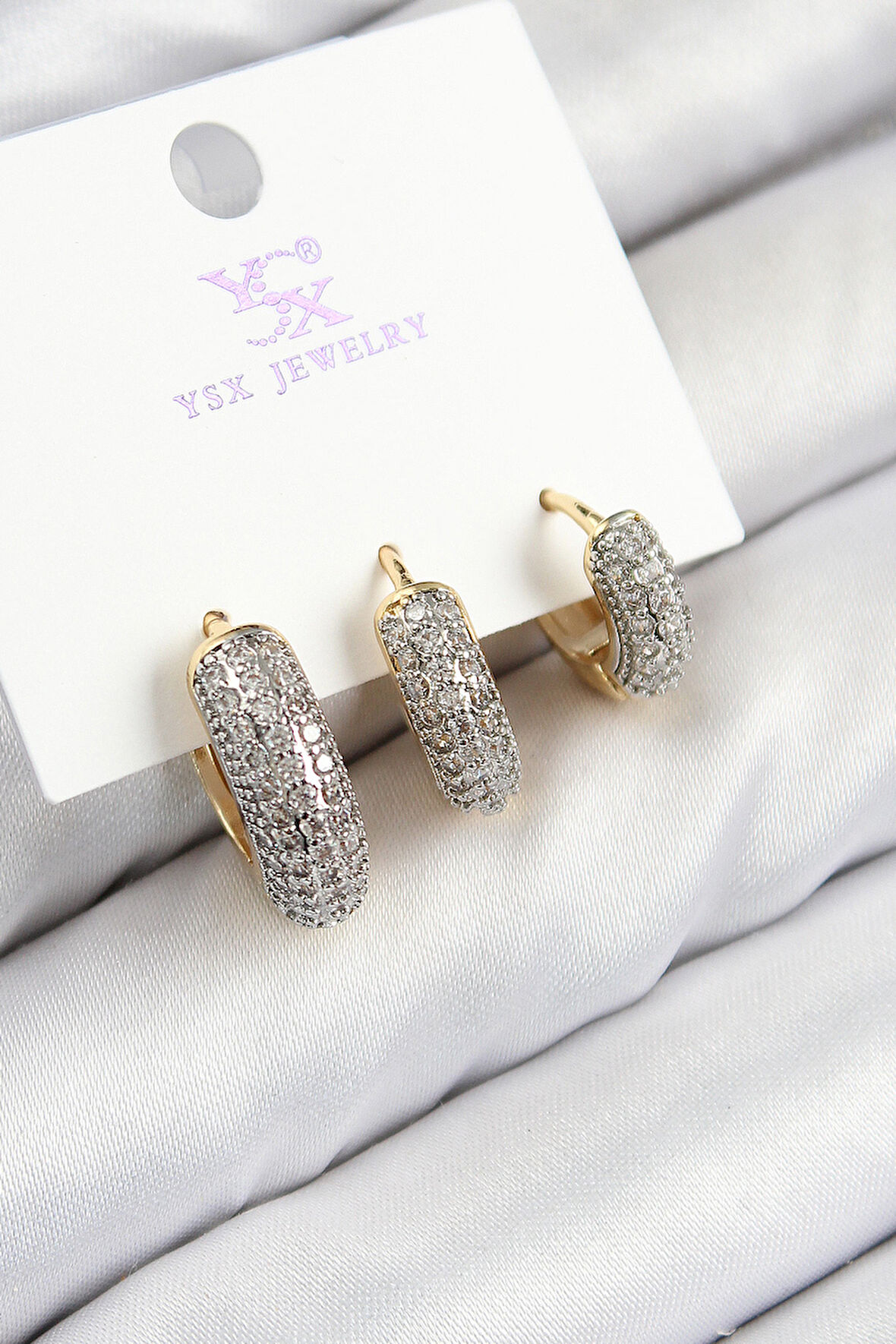 Pirinç Zirkon Taşlı 3'lü Halka Model Gold Ve Gümüş Renk Kadın Küpe - Lisinya