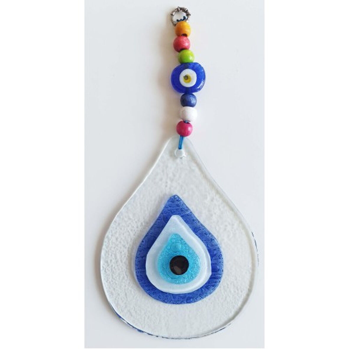 Damla Modeli Nazar Boncuklu Şeffaf Cam El Yapımı Duvar Süsü