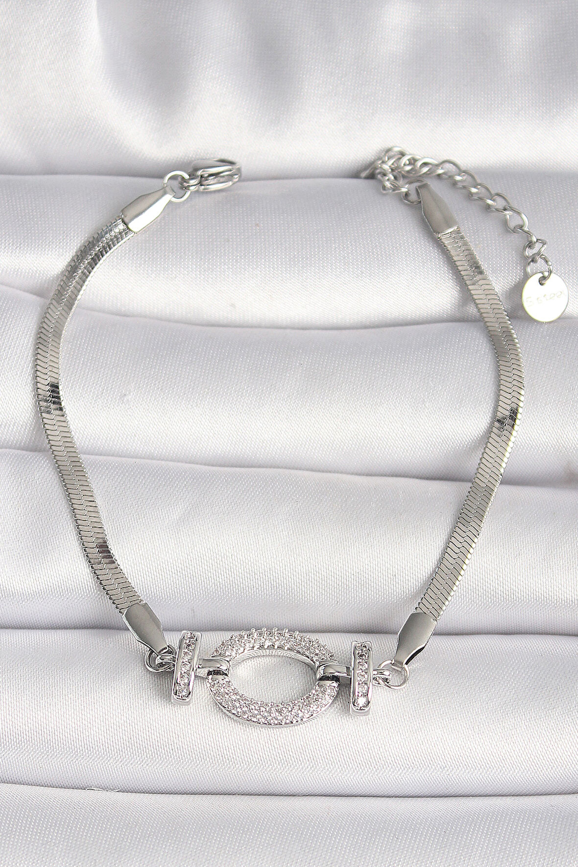 316L Çelik Gümüş Renk İtalyan Zincir Model Zirkon Taşlı Halka Figür Kadın Bileklik - Lisinya
