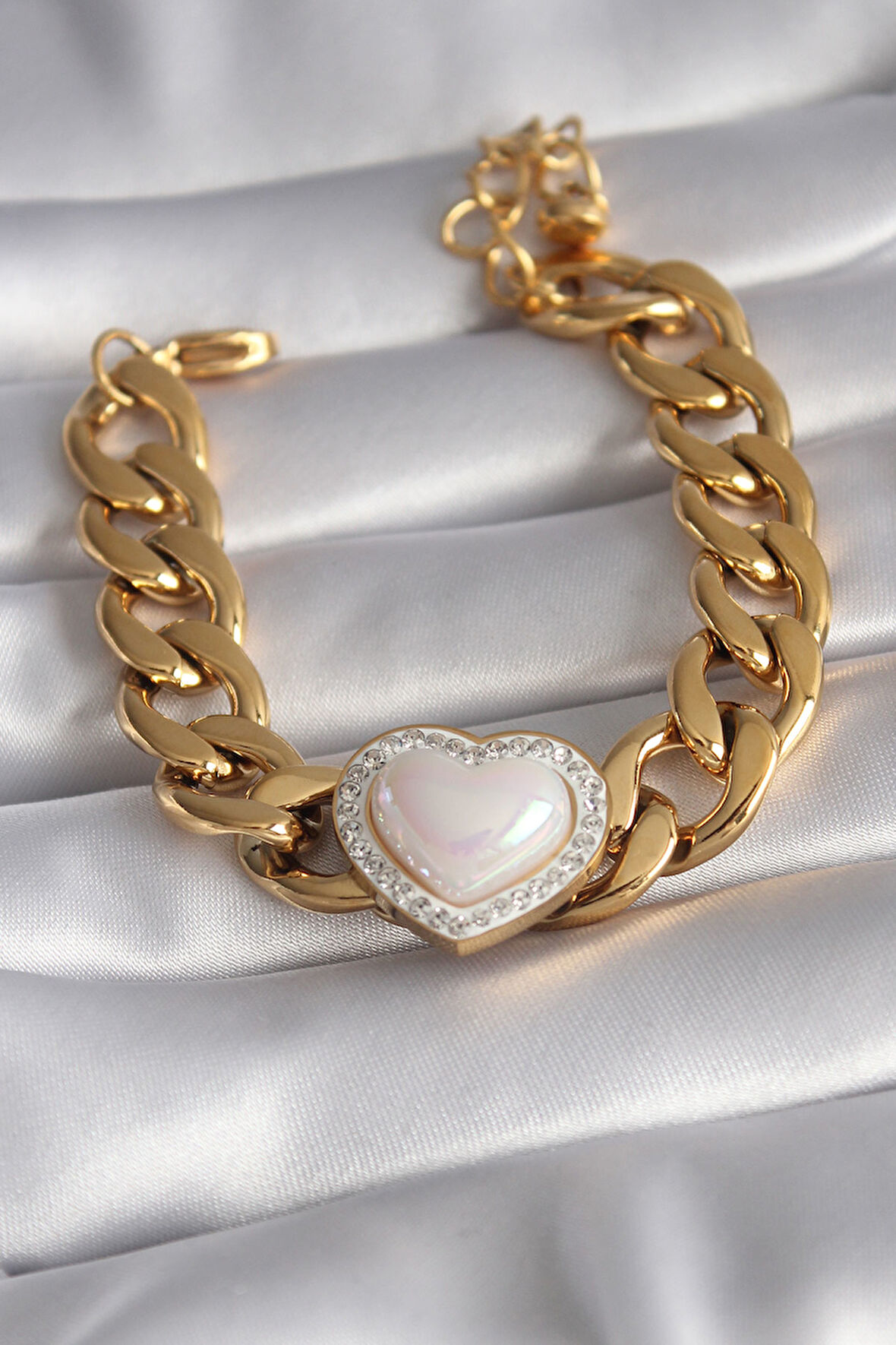 316L Çelik Gold Renk Pembe 3D Kalp Model Zirkon Taşlı Kadın Bileklik - Lisinya