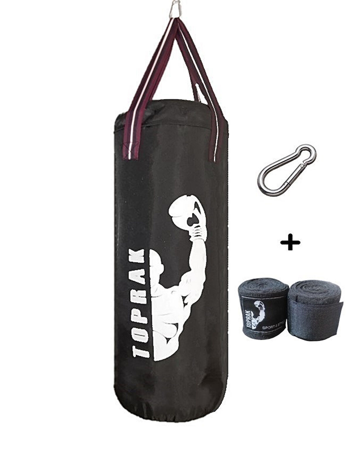 Boks Torbası Eldiven, Karabina Ve Bandaj Hediyeli İçi Dolu 60x22cm Siyah 6KG