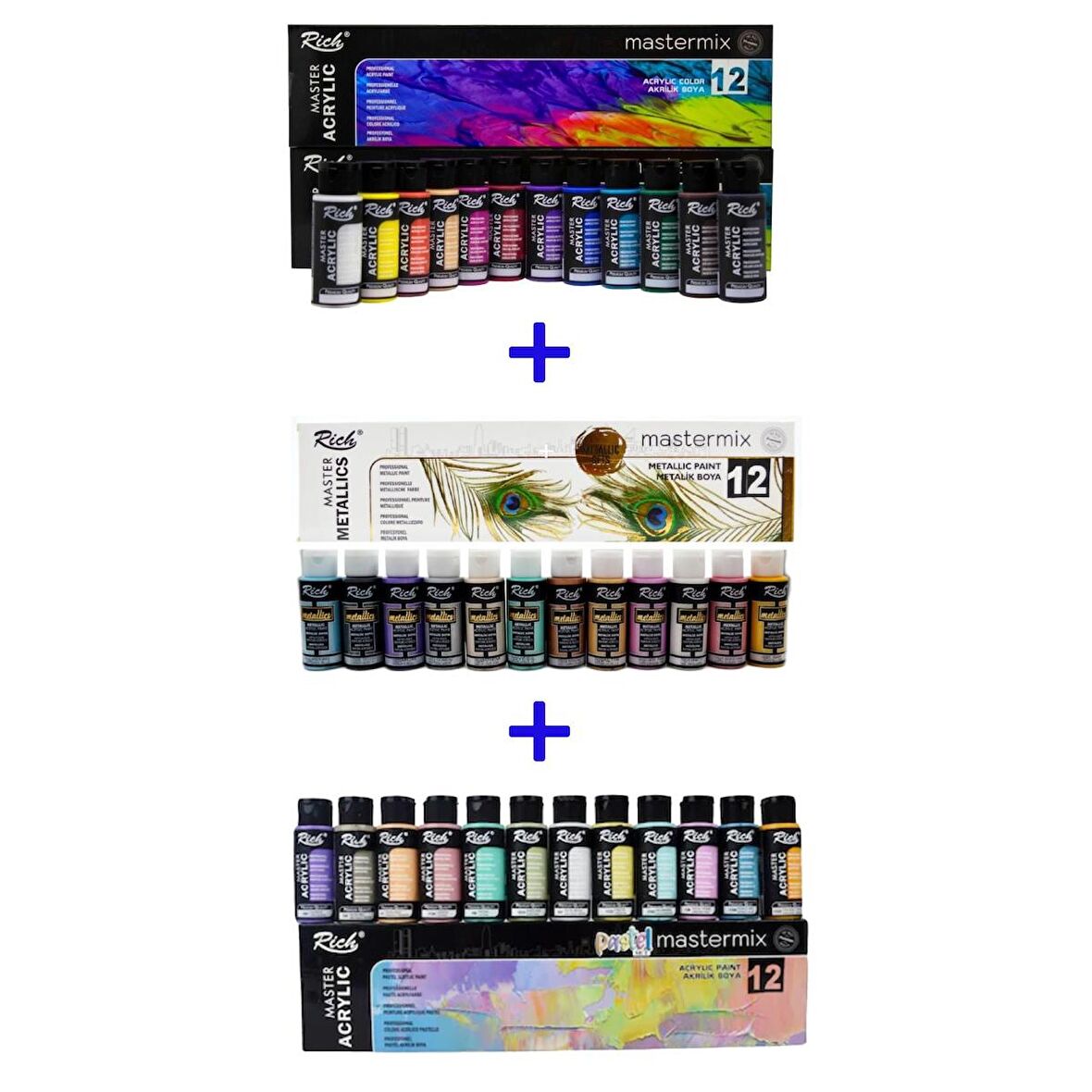 Rich Mastermix Akrilik Boya 60 cc Mega Set 12 Canlı + 12 Pastel + 12 Metalik Renk