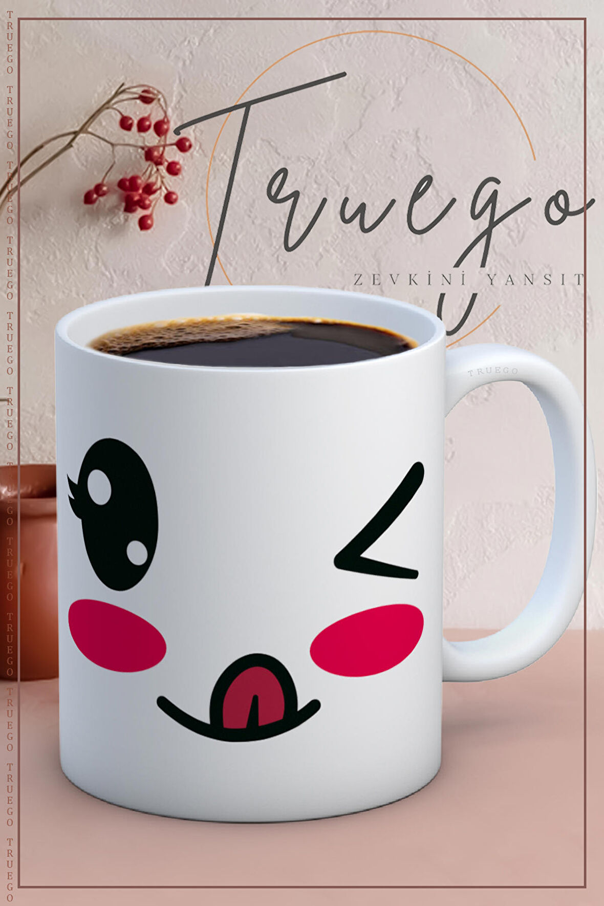 Baskılı Kupa Bardak Seramik Mug - Göz Kırpan Emoji