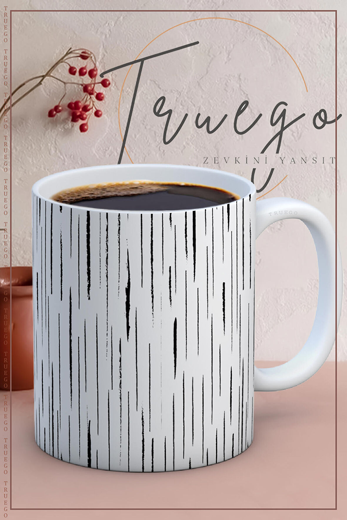 Baskılı Kupa Bardak Seramik Mug - Siyah Çizgi