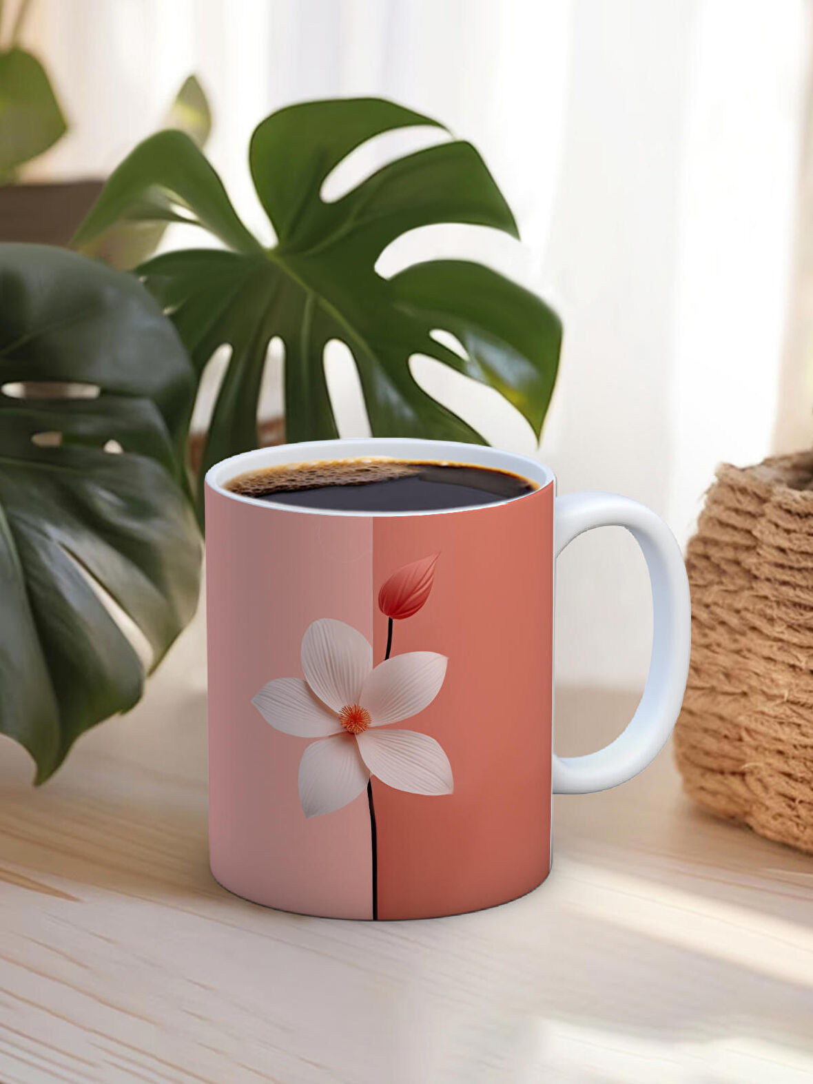 Baskılı Kupa Bardak Seramik Mug - Pembe Beyaz Çiçek