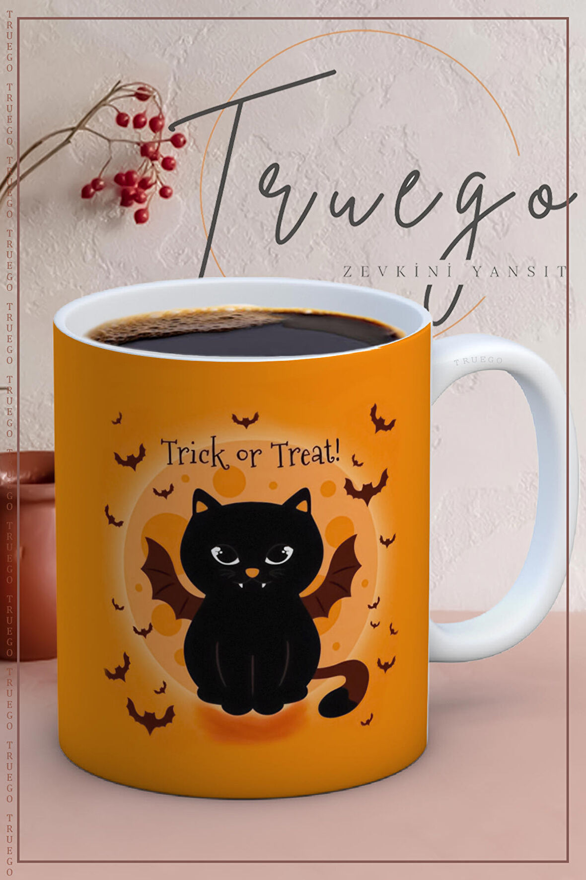 Baskılı Kupa Bardak Seramik Mug - Halloween Kedi