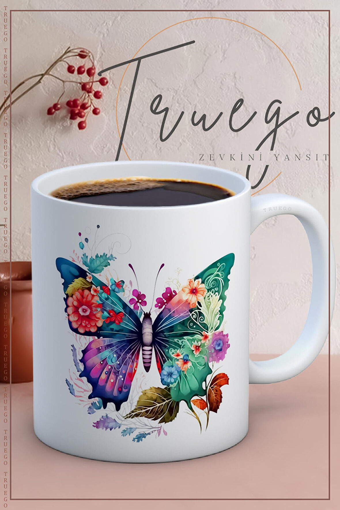 Baskılı Kupa Bardak Seramik Mug - Renkli Kelebekler