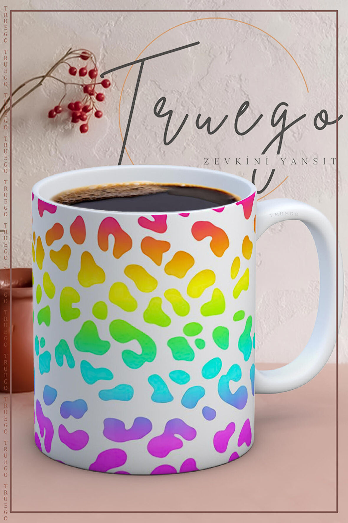 Baskılı Kupa Bardak Seramik Mug - Renkli Leopar Desen