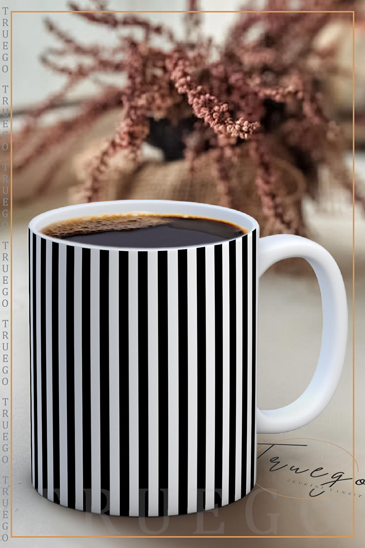 Baskılı Kupa Bardak Seramik Mug - Siyah Çizgiler