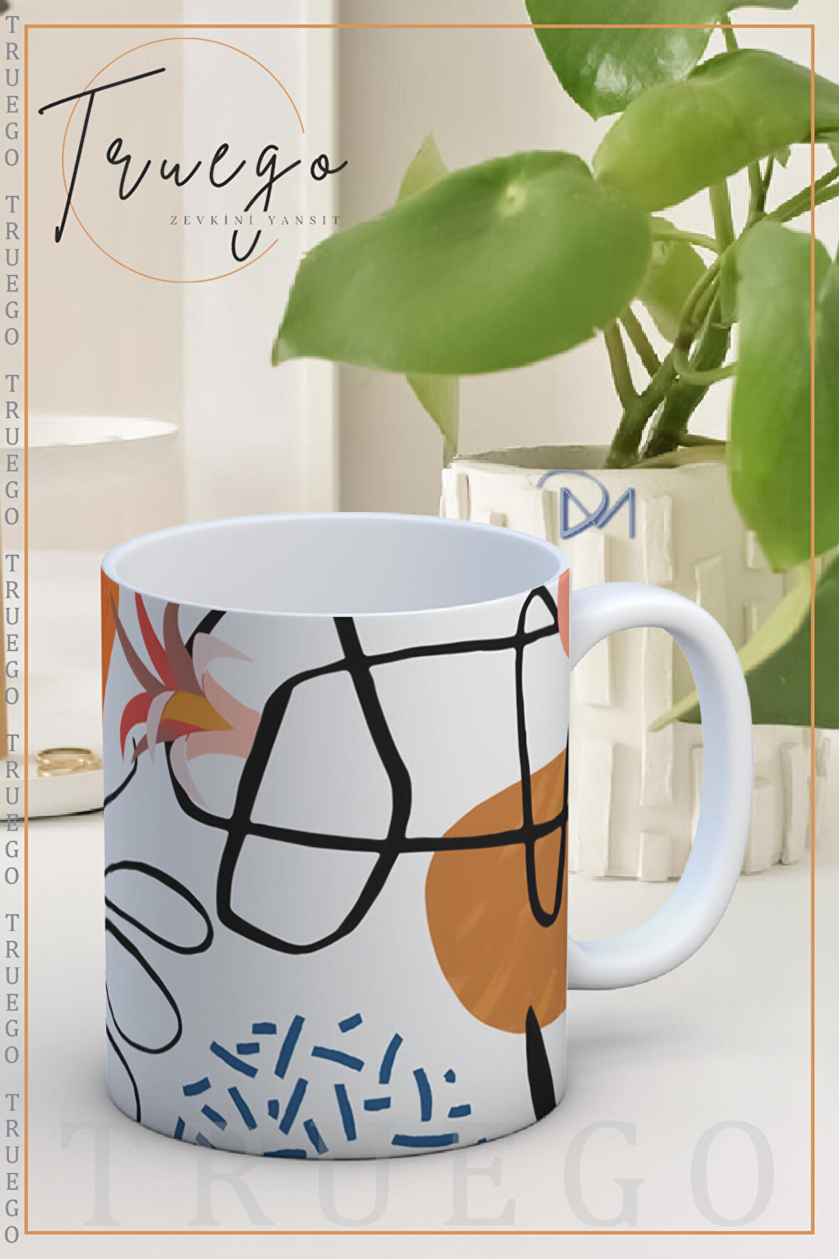 Baskılı Kupa Bardak Seramik Mug - Geometrik Çizgi