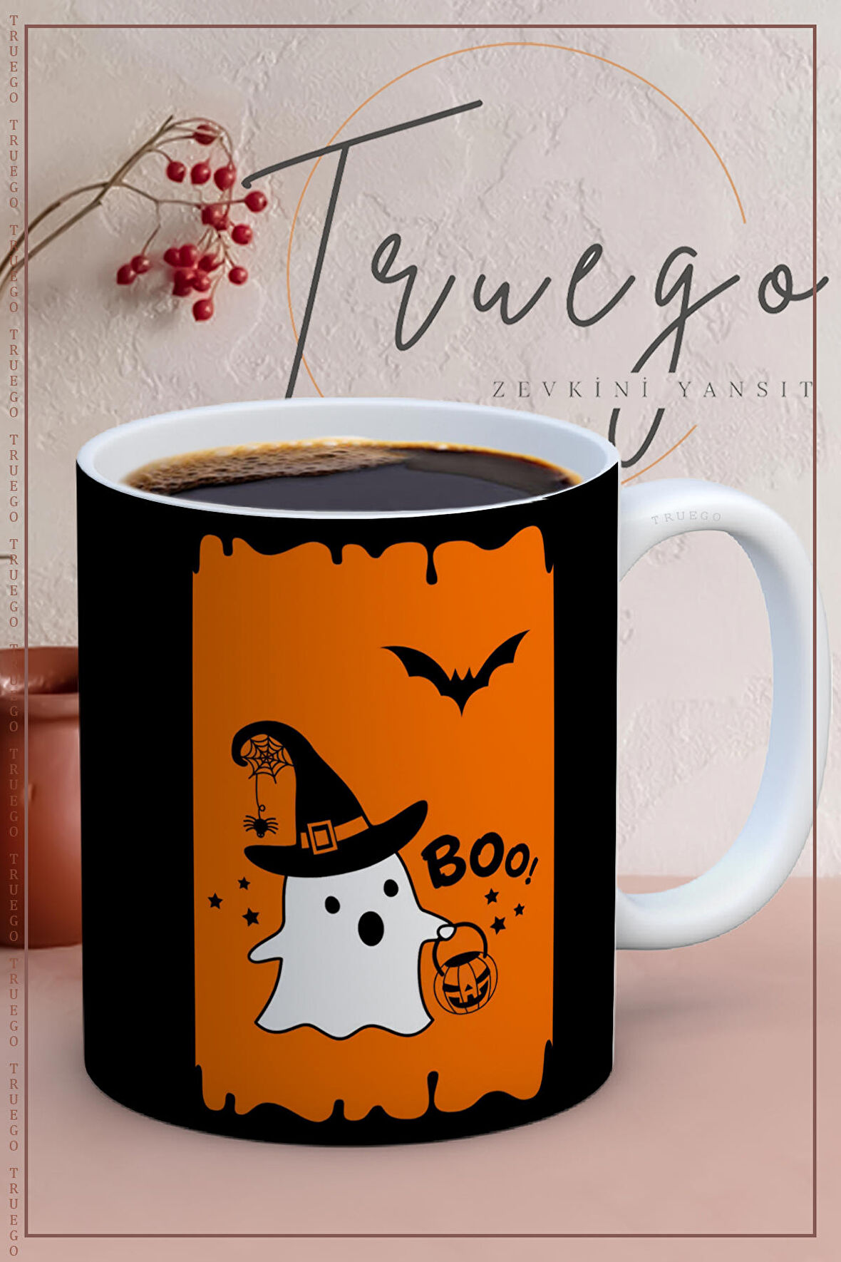 Baskılı Kupa Bardak Seramik Mug - Halloween Turuncu Siyah