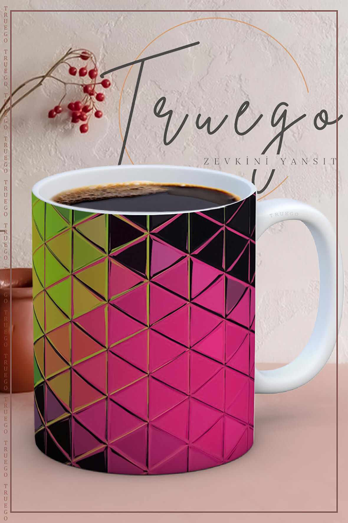 Baskılı Kupa Bardak Seramik Mug - Kırmızı Yeşil Desen