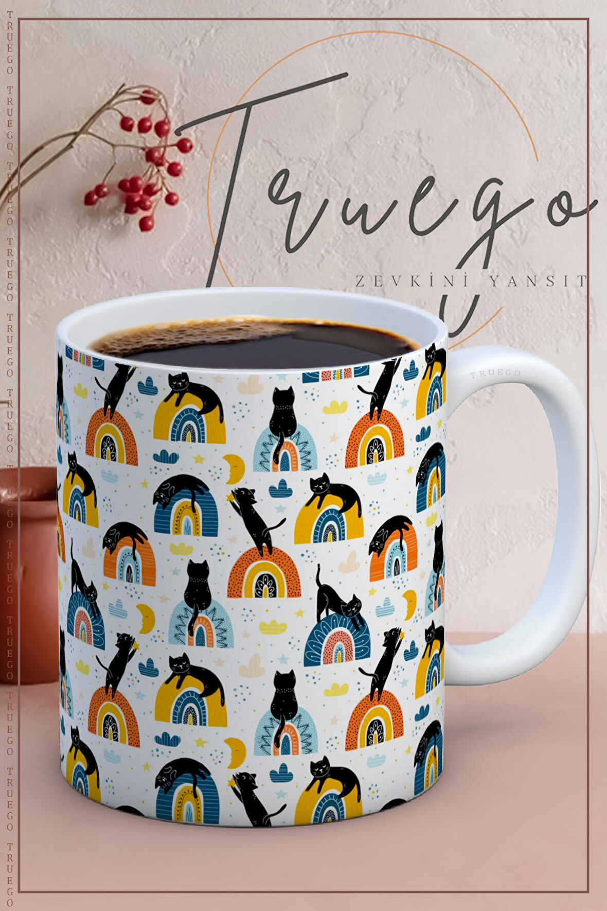 Baskılı Kupa Bardak Seramik Mug - Kedili Gökkuşağı