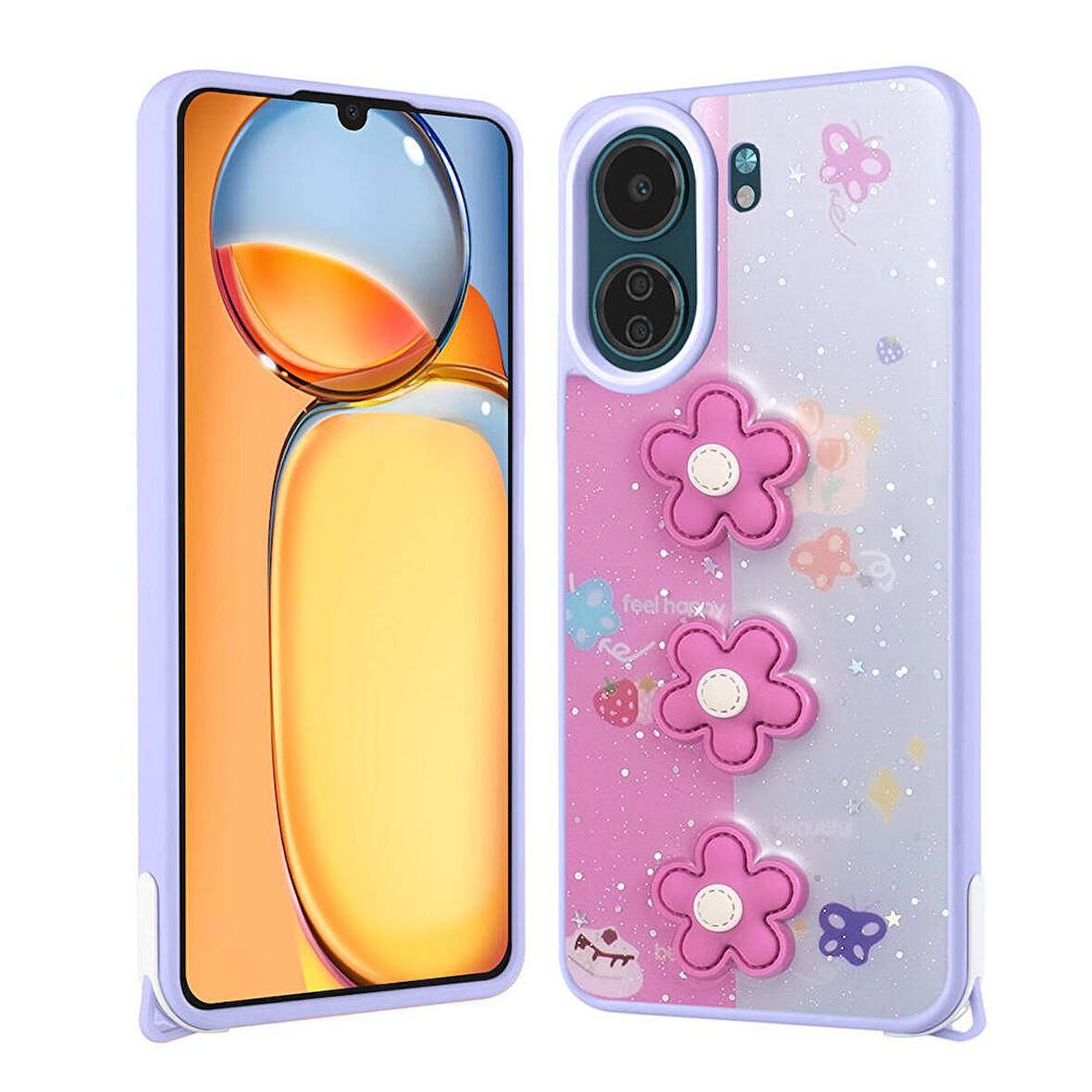 Mkorayavm Xiaomi Poco C65 Parlayan Sıvılı Simli Kabartma Figürlü Kılıf