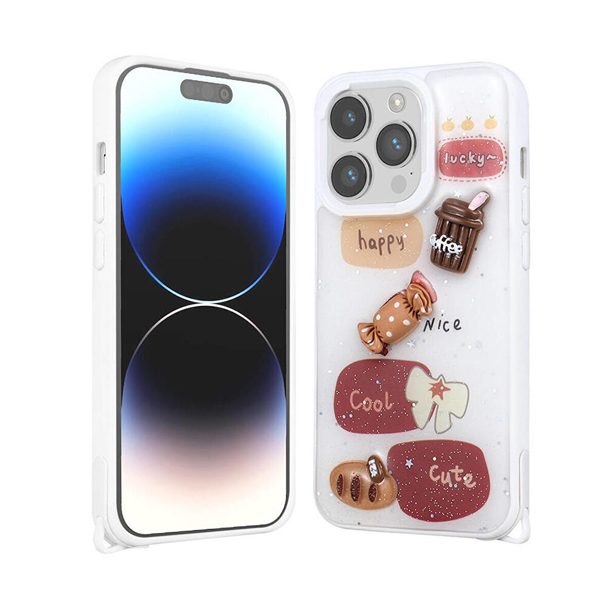 Mkorayavm Apple iPhone 14 Pro Max Parlayan Sıvılı Simli Kabartma Figürlü Kılıf