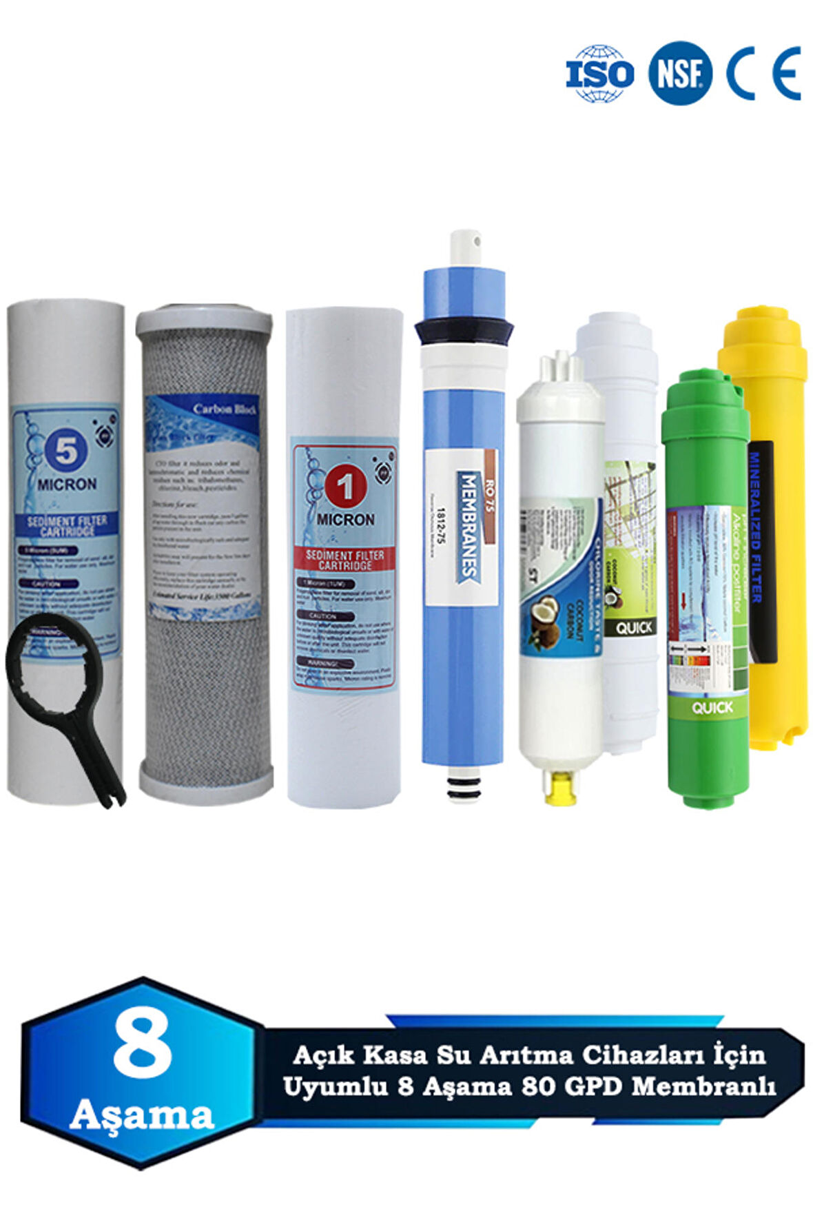Açık Kasa Su Arıtma Cihazı Uyumlu 8 Aşama Cift Sediment 80 GPD Membranlı Multimineralli Bakım Seti