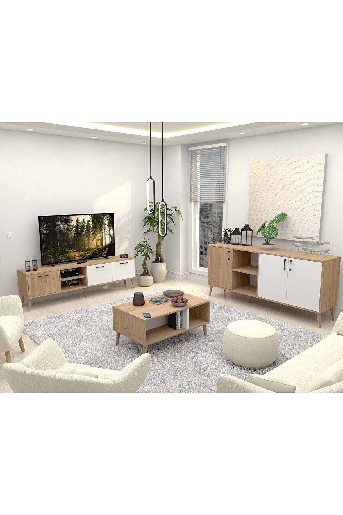 SET 1585-2074-1624 EXXEN (AHŞAP AYAKLI) TV ÜNİTESİ - ORTA SEHPA - KONSOL SETİ SEPET - BEYAZ