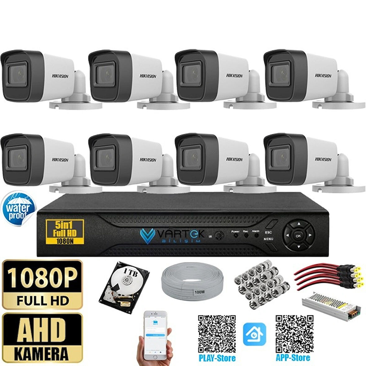 Hikvision 2 MP 8 Kameralı 1 TB HDD Tak Çalıştır  Kamera Seti