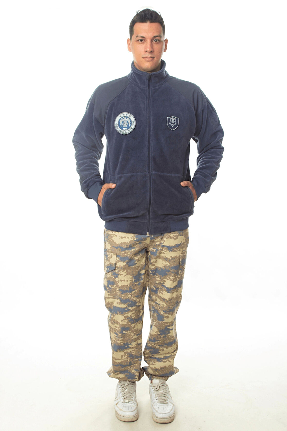 hava kuvvetleri uzun kollu lacivert renkli ozel tasarim tam fermuarli bato yaka soguk gecirmez polar kargo cepli airsoft taktik askeri pantolon alt ust takim