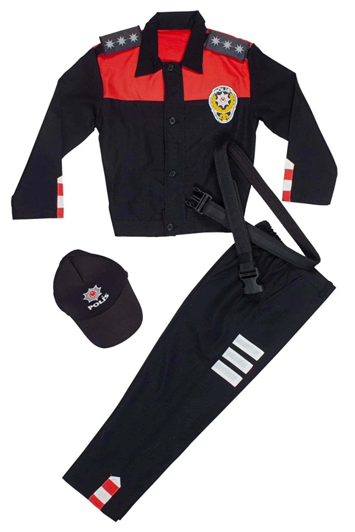 motorize yunus polis yeni model siyah kirmizi renkli uzun kollu siyah sapkali siyah palaskali yunus polis cocuk kostum takimi