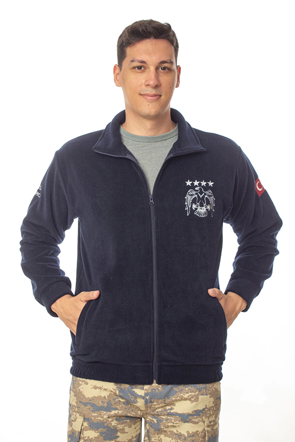 hava kuvvetleri ozel tasarim uzun kollu lacivert renkli tam fermuarli kartal nakisli bato yaka soguk gecirmez polar