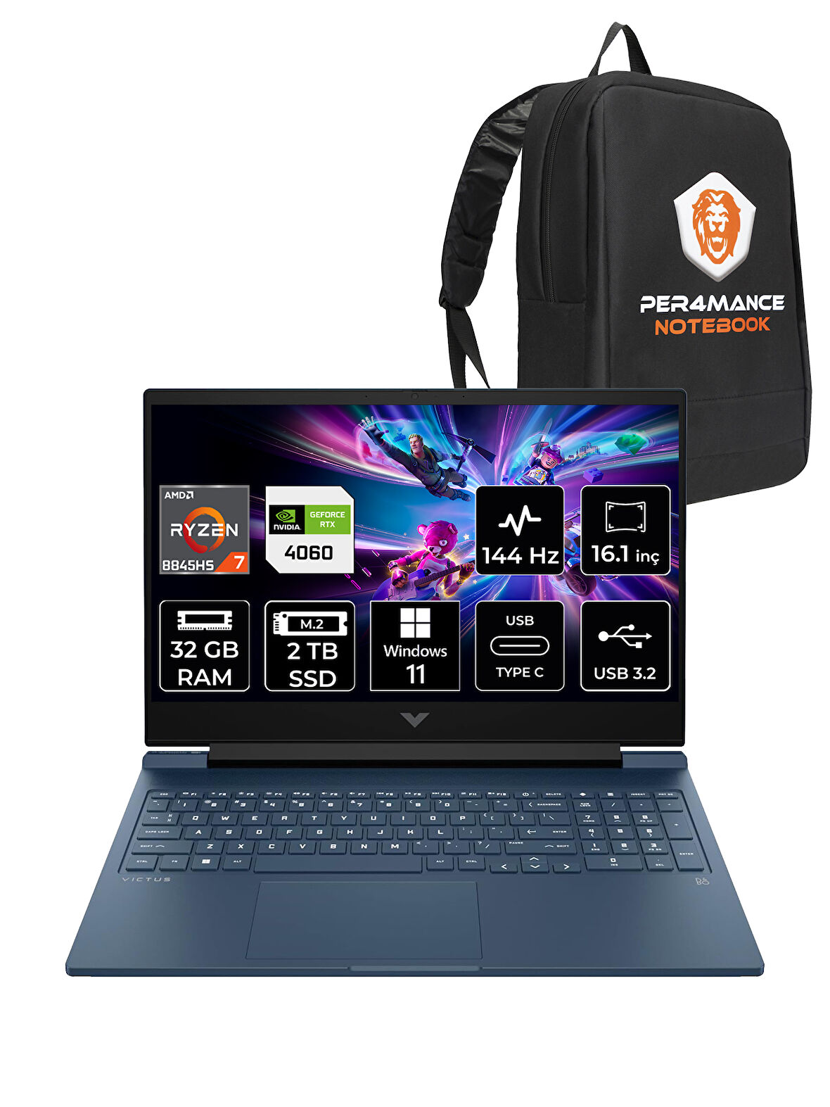 HP VİCTUS 16 R7 8845HS 32GB 2TB SSD RTX4060/8GB 144HZ 16.1'' FHD W11H A05N8EA & PER4 ÇANTA