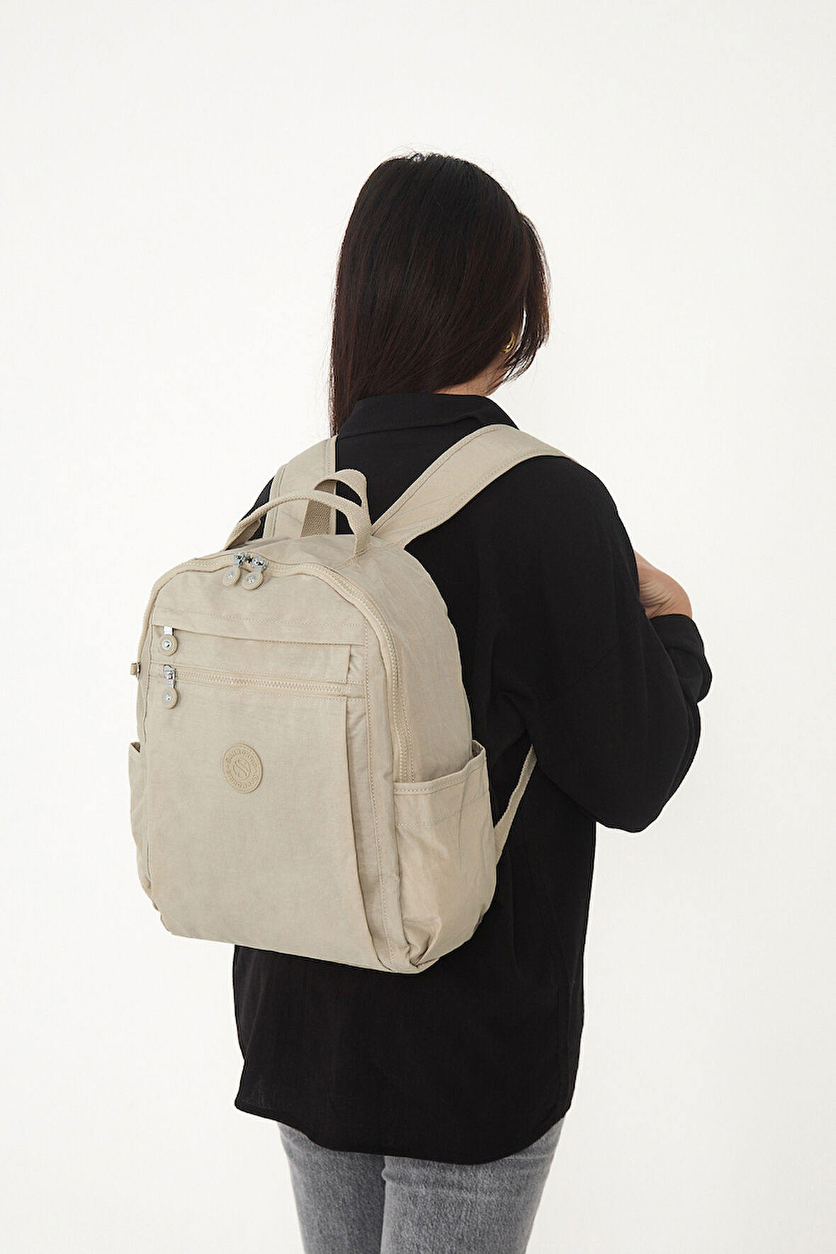 Çok Cepli Kadın Sırt Çantası Orta Boy Günlük HV3059 Bej