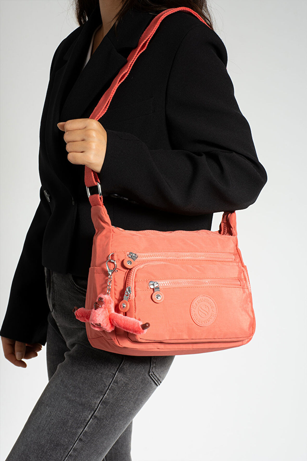 Çok Cepli Çapraz Askılı Kadın Omuz Çantası Orta Boy Günlük HV3010 Koyu Pembe