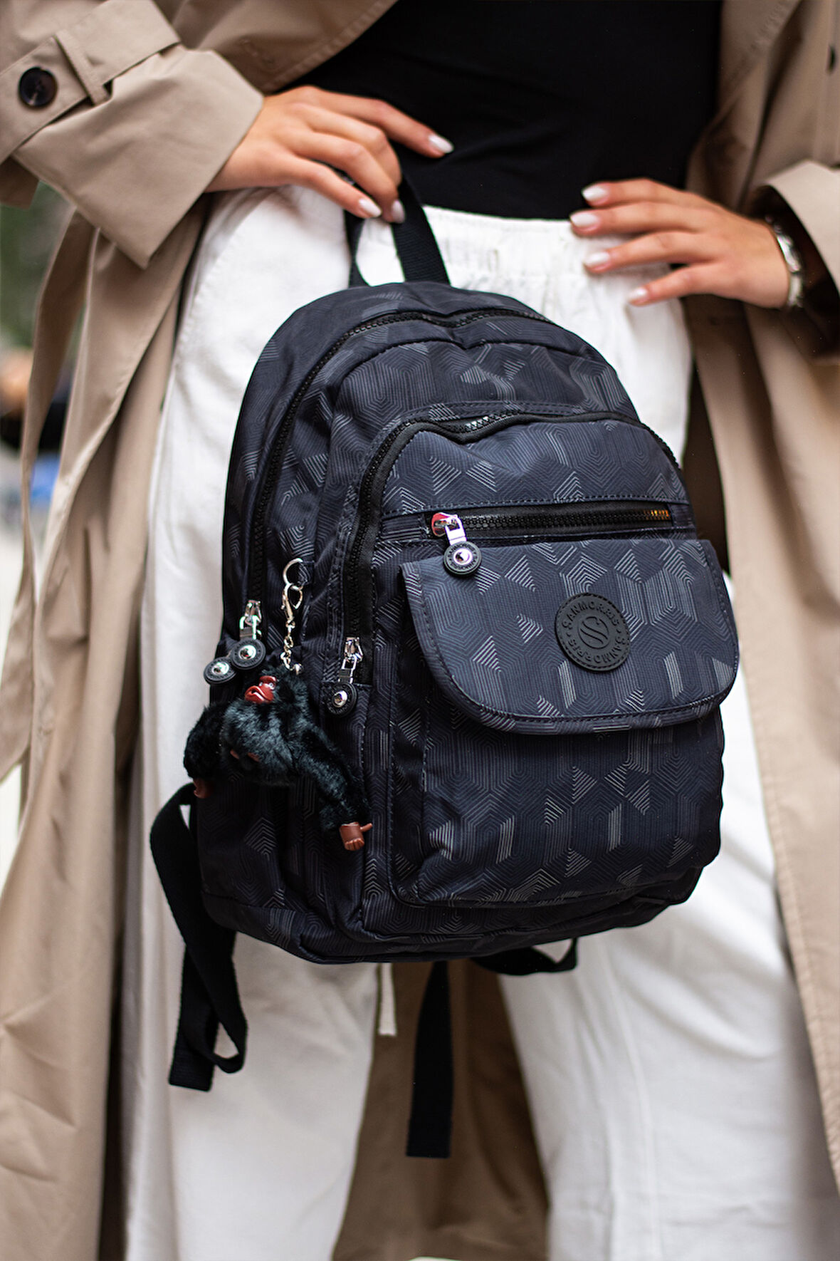 Çok Cepli Kadın Sırt Çantası Orta Boy Günlük HV3003 Siyah Desenli