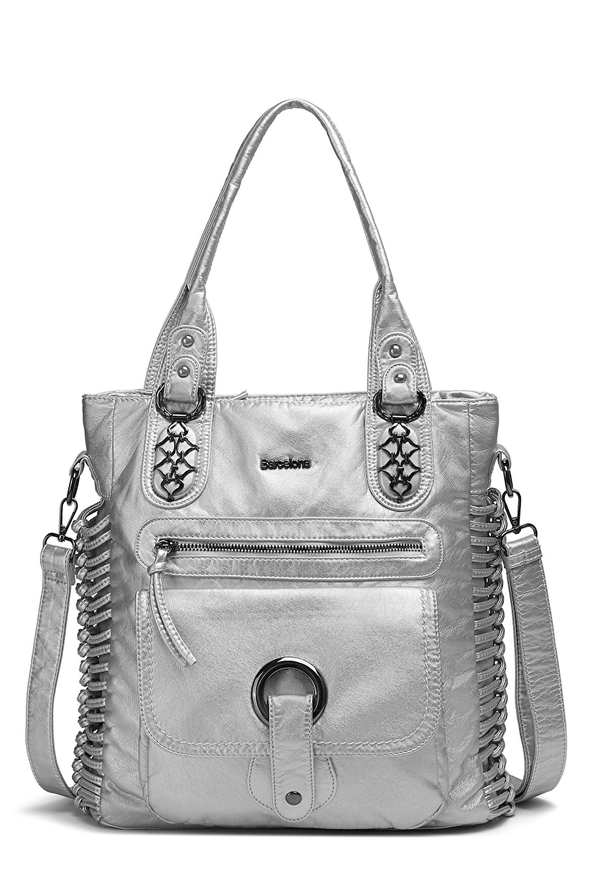 Barcelona Günlük Büyük ve Çok Cepli Kadın Omuz Çantası Uzun Askılı 1822 Platin